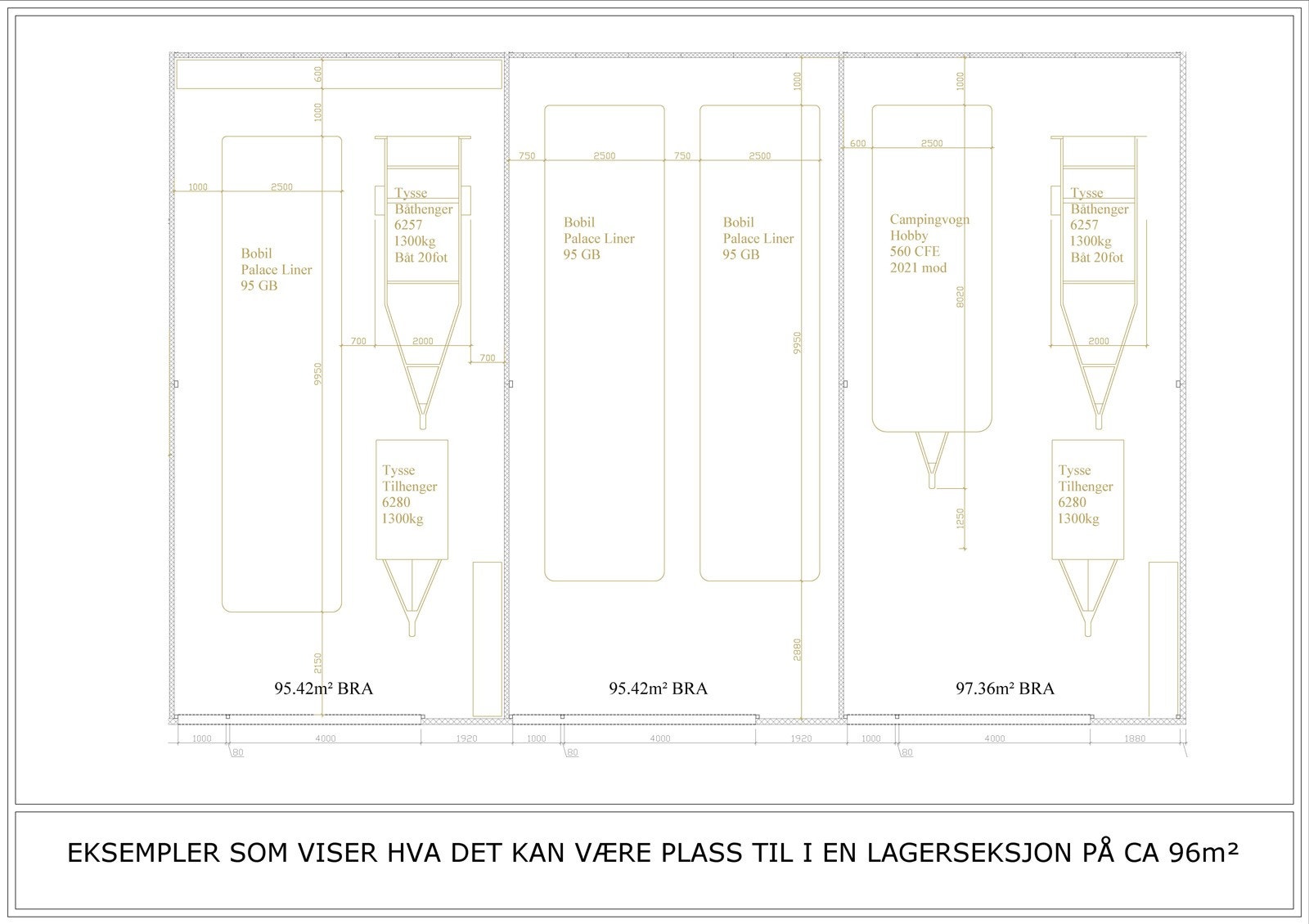 Illustasjon over hva det er plass til i en seksjon på 96m² Galleribilde