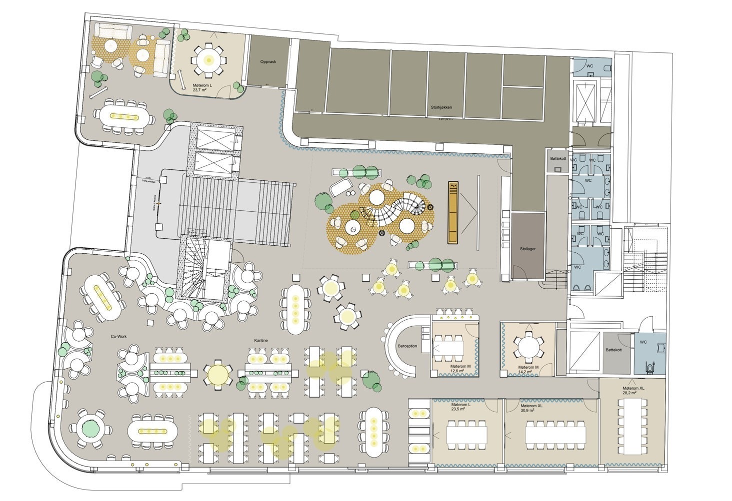 2 etasje skal fungere som en samlingspunkt for de ansatte og besøkende med gode fasilteter og nye soner. Det legges vekt på høy materialkvalitet Galleribilde
