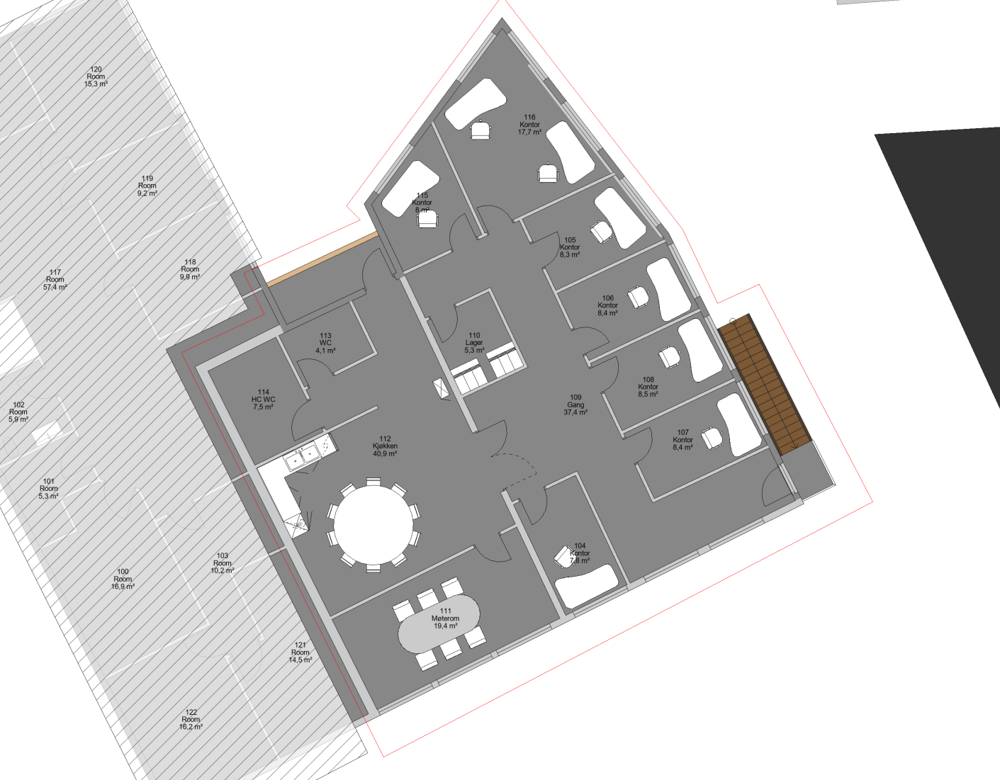 Forslag til innredning av kontorlokalene i 2. etg.