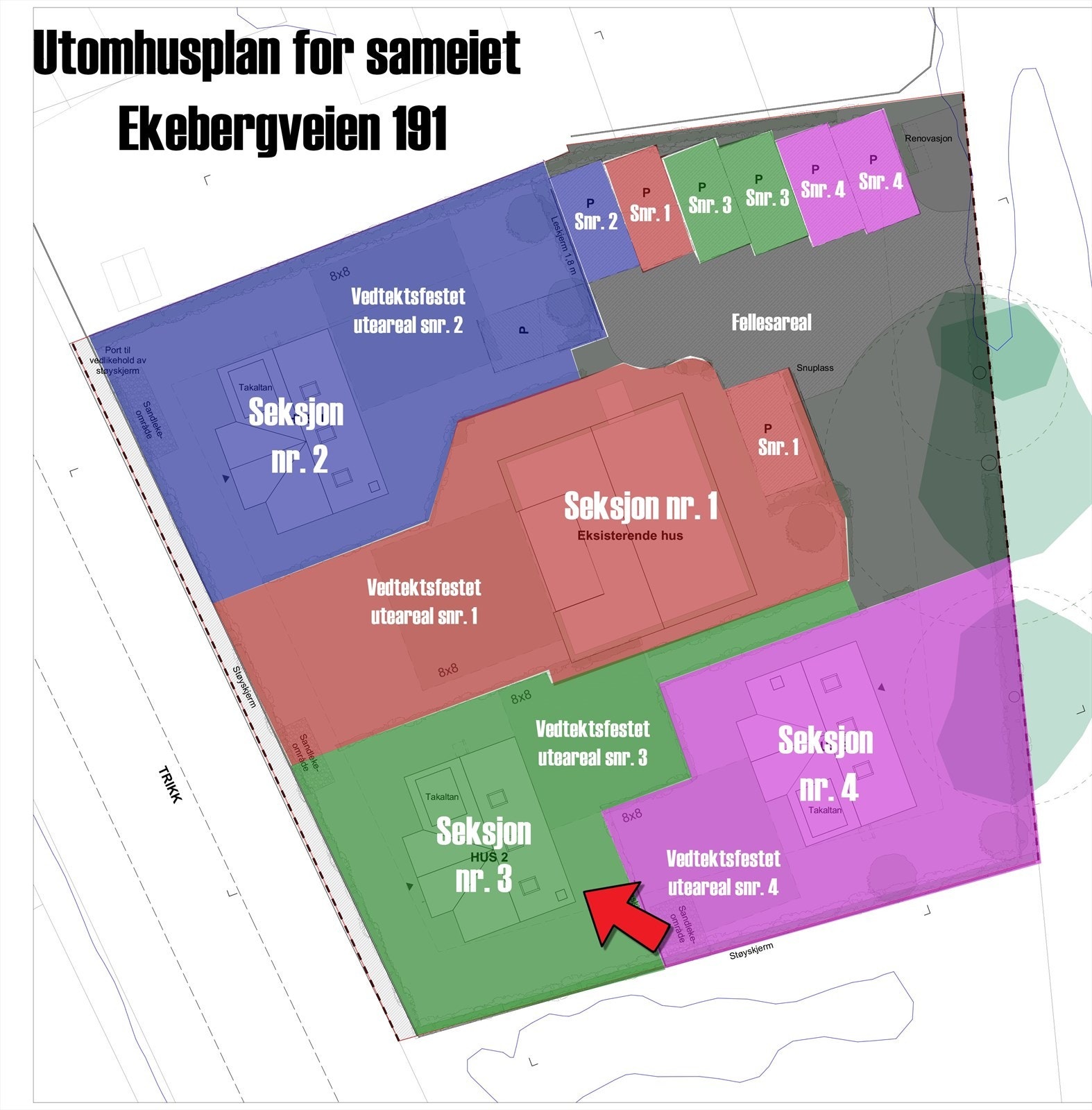 Utomhusplan hageareal tilhørende HUS 2 er markert i grønt. Galleribilde