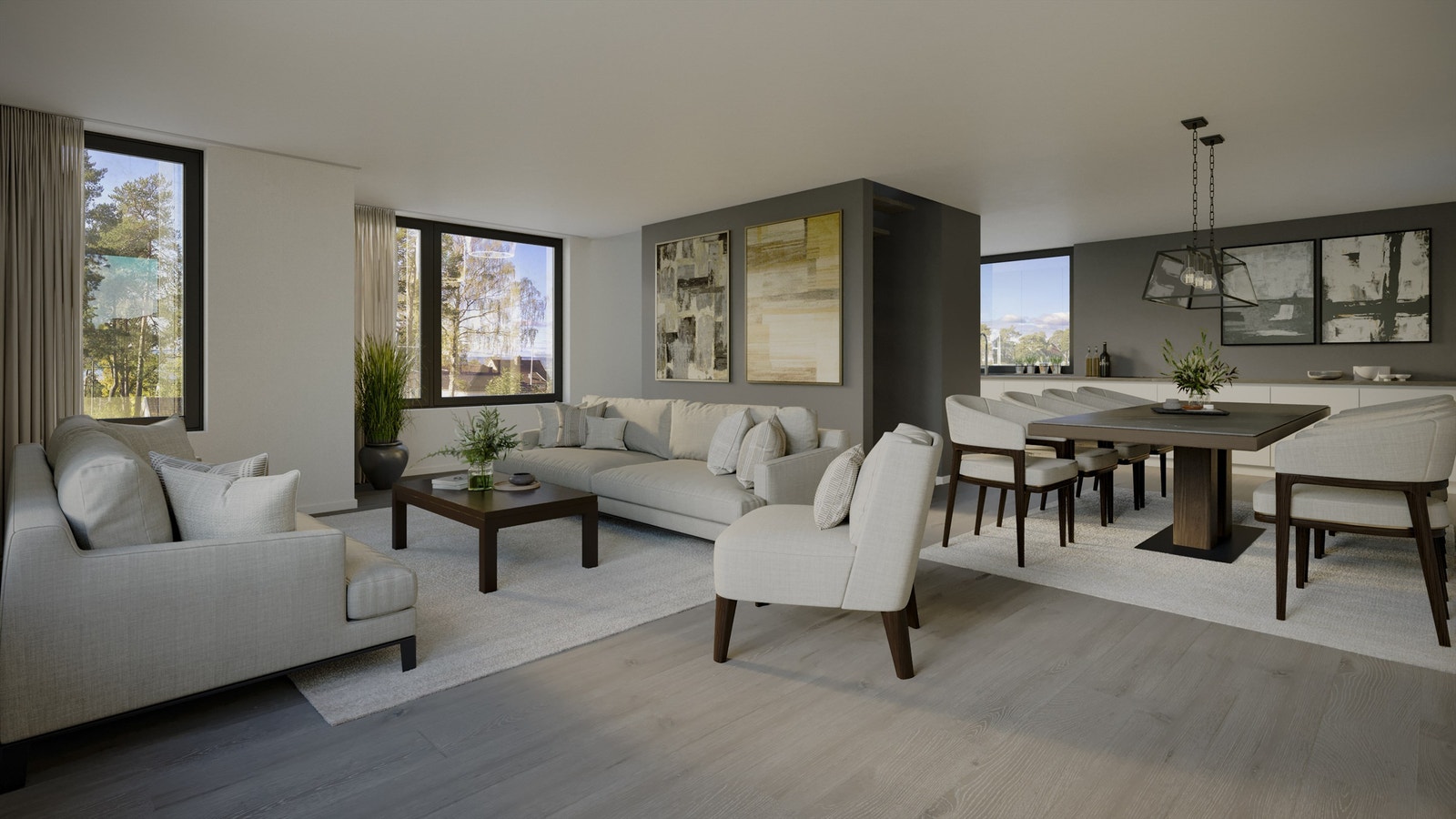 3 D illustrasjon stue, spisestue og kjøkken (avvik vil forekomme). Galleribilde