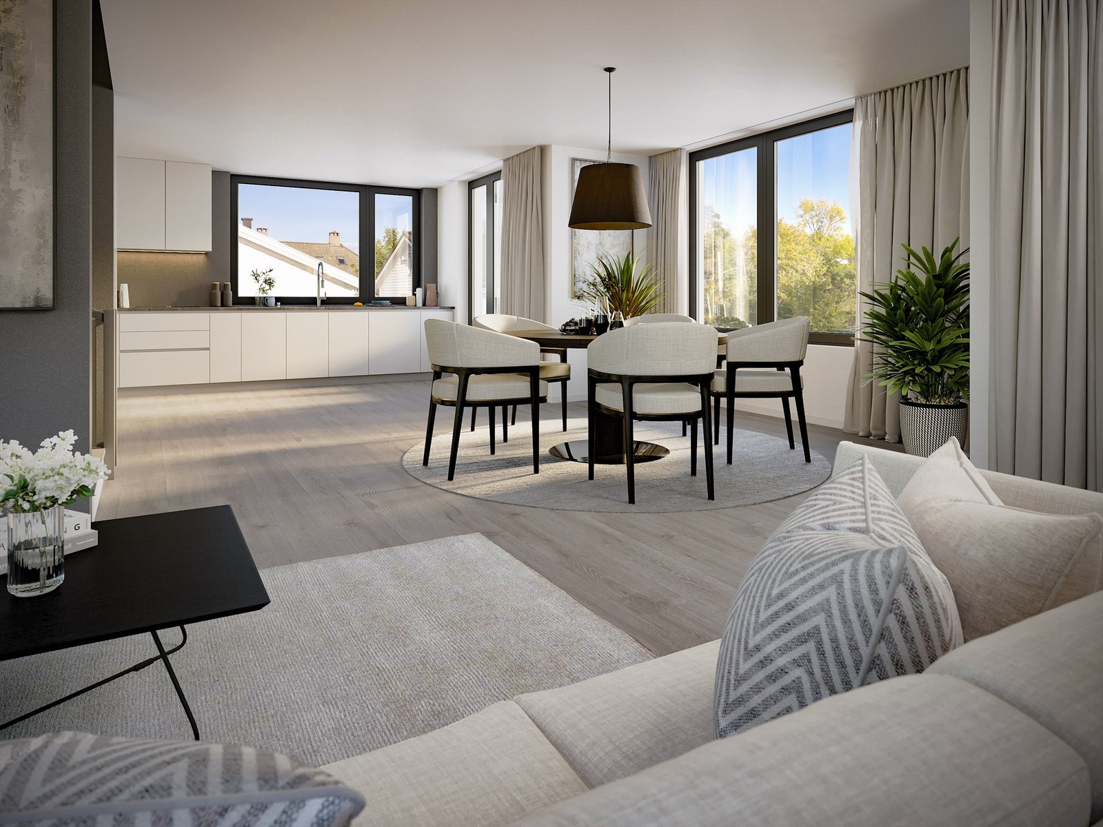 3 D illustrasjon stue, spisestue og kjøkken (avvik vil forekomme). Galleribilde