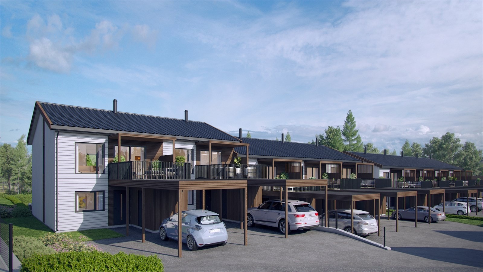 Det er praktiske rekkehus med gode planløsninger, godt standard, hage og egen carport utenfor boligen. Galleribilde