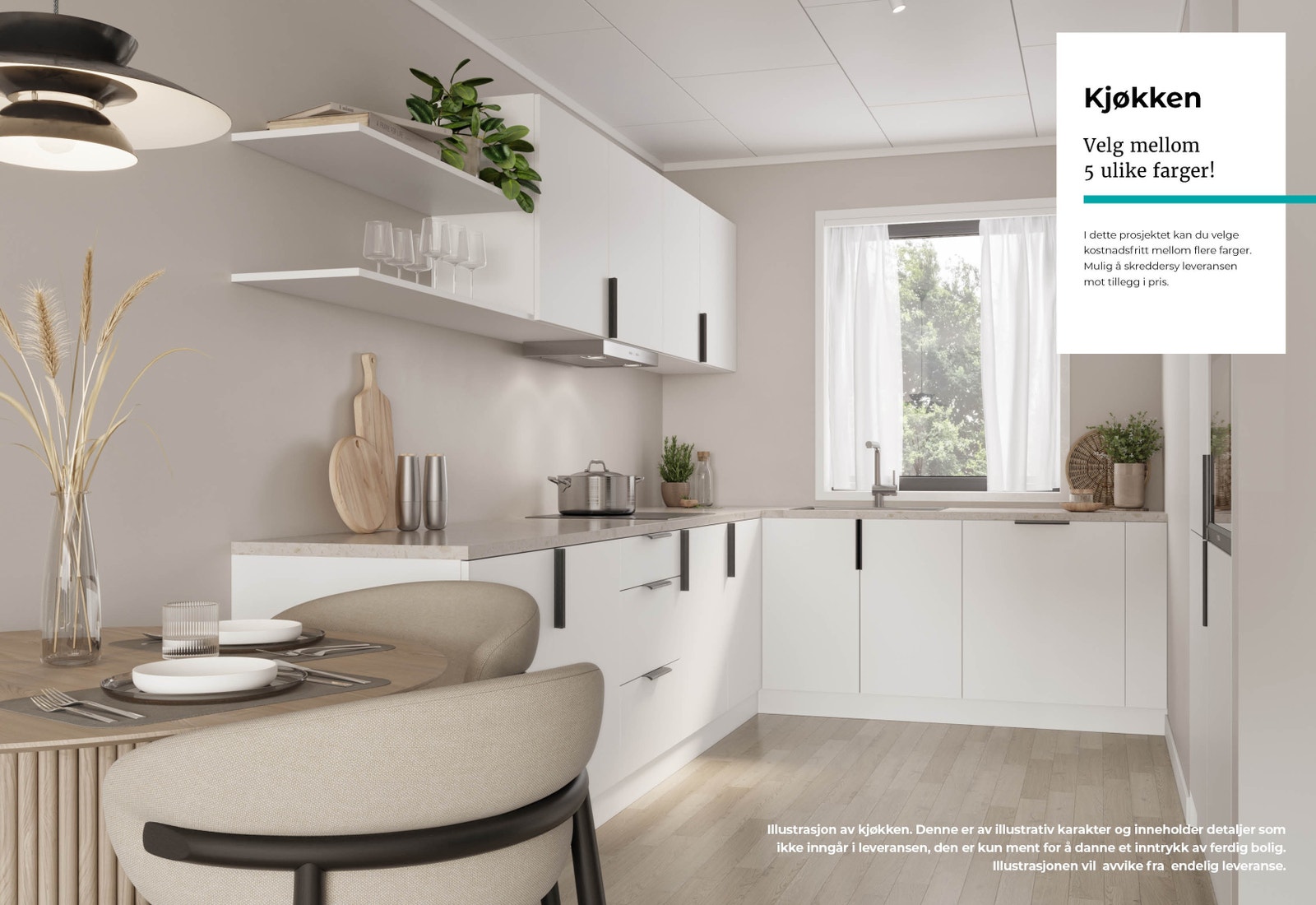 Velg mellom 5 valgfrie farger! Standard er Hvitt kjøkken. Integrerte hvitevarer; vaskemaskin og kjøl/frys med kjøkkenfront, stekeovn i høyskap og platetopp med induksjon Galleribilde