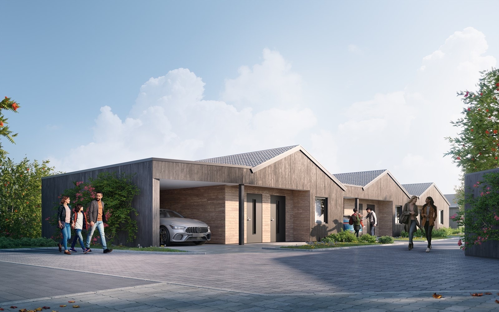 Parkering i garasje og fremtidig forhage ved inngangsparti. Illustrasjon Galleribilde