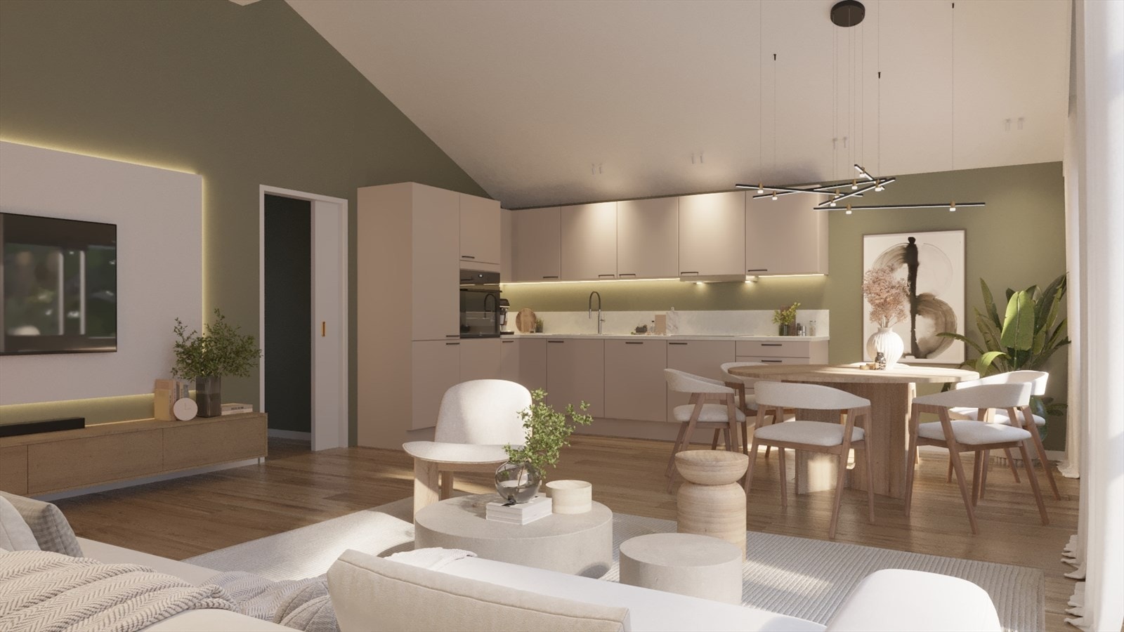 Stue og kjøkken i åpen løsning. Kjøkkeninnredning fra Aubo i lun sandfarge. Illustrasjon Galleribilde