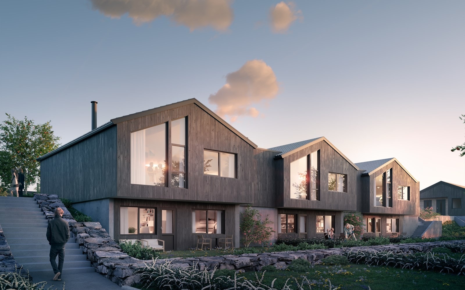 3 eneboliger i rekke| Garasje| Åpen takhøyde i stue/kjøkken. Illustrasjon Galleribilde