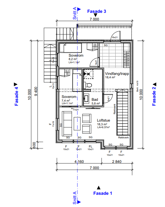 Plantegning 3. etasje. Etasjen inneholder vindfang/trapp, 2 soverom, bad og loftstue. Galleribilde