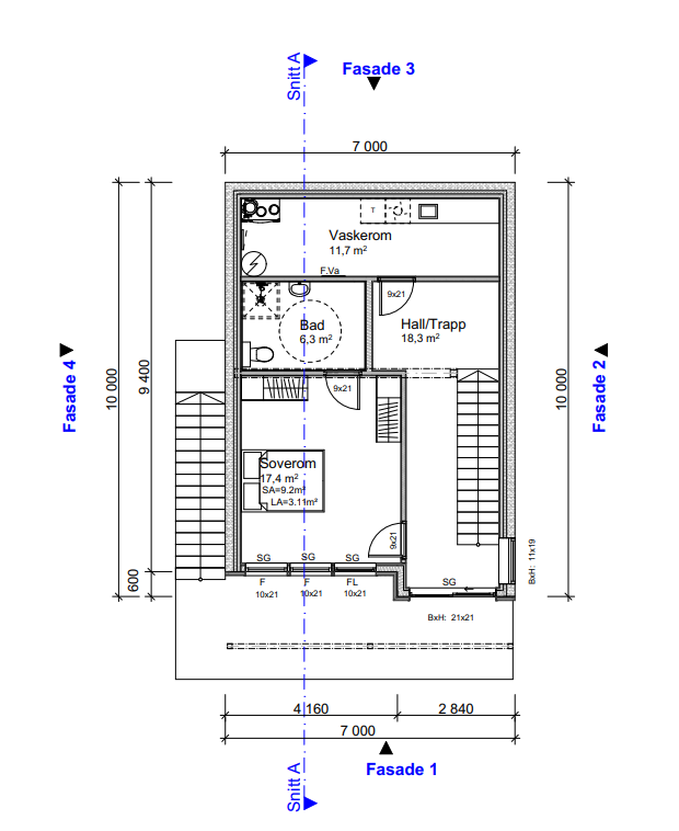 Plantegning 1. etasje. Etasjen inneholder hall/trapp, vaskerom og hovedsoverom med inngang til bad. Galleribilde