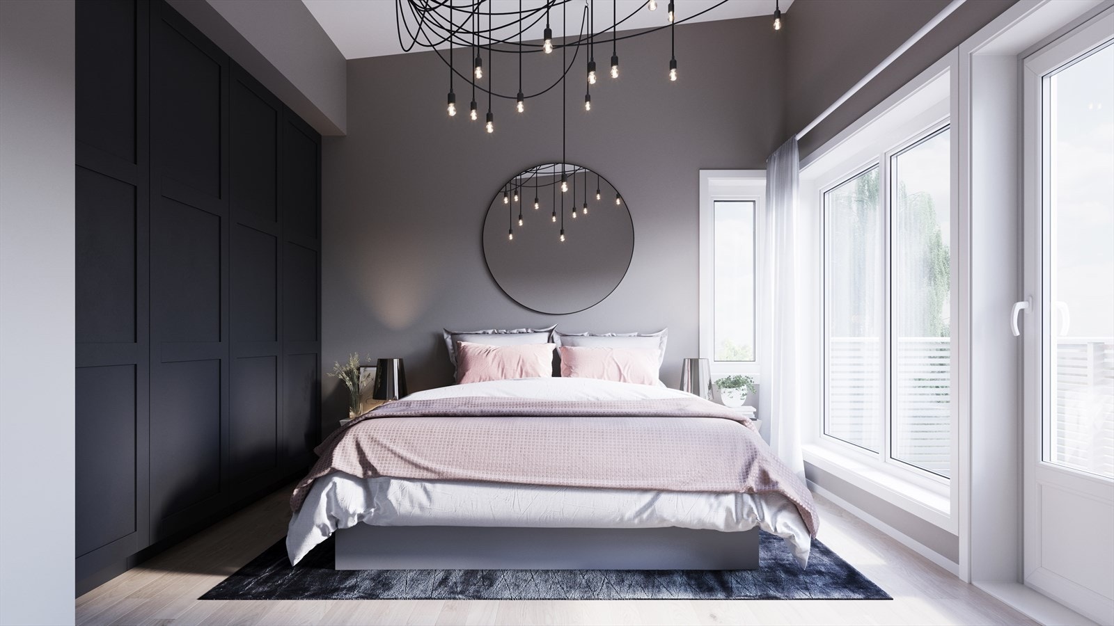 Illustrasjon av hovedsoverom speilvendt - meget god takhøyde, nisje for garderobeskap (ikke inkludert), store vinduer og utgang til veranda (eksempelbilde - avvik kan forekomme) Galleribilde