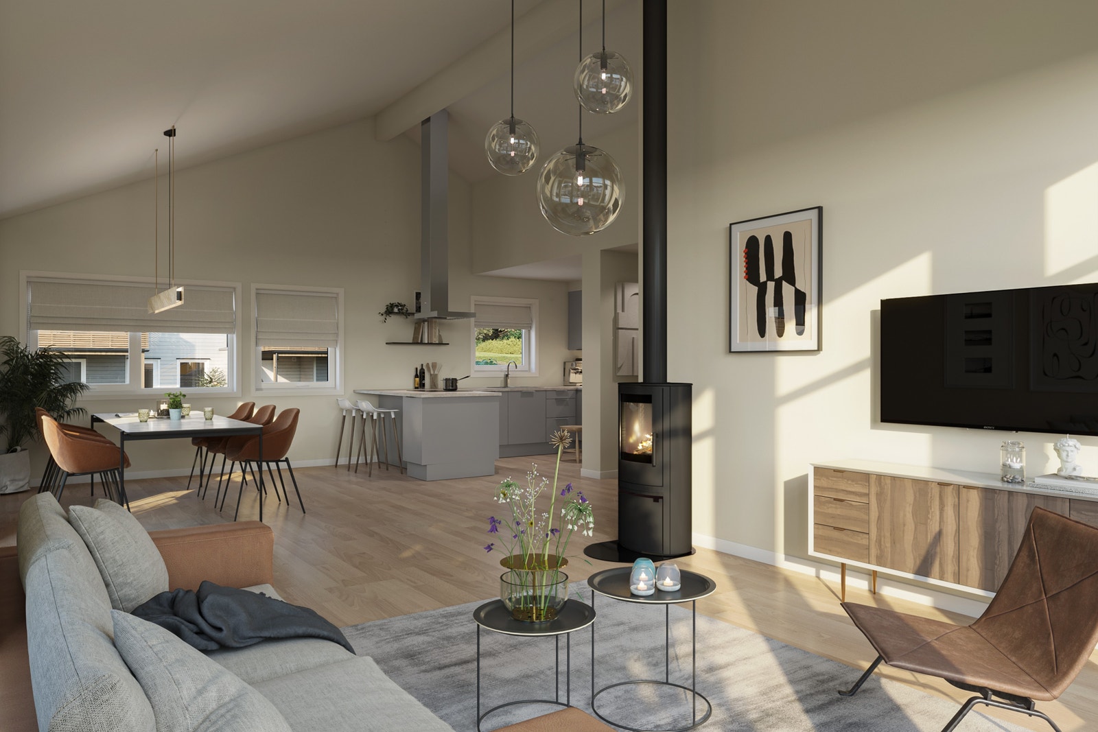 illustrasjon: Blåbærslynga nr. 36.
Stue/kjøkkenløsning med åpen himling: Skap en lys og luftig atmosfære i hjemmets hjerte, med skråhimling på over 4 meter. Galleribilde