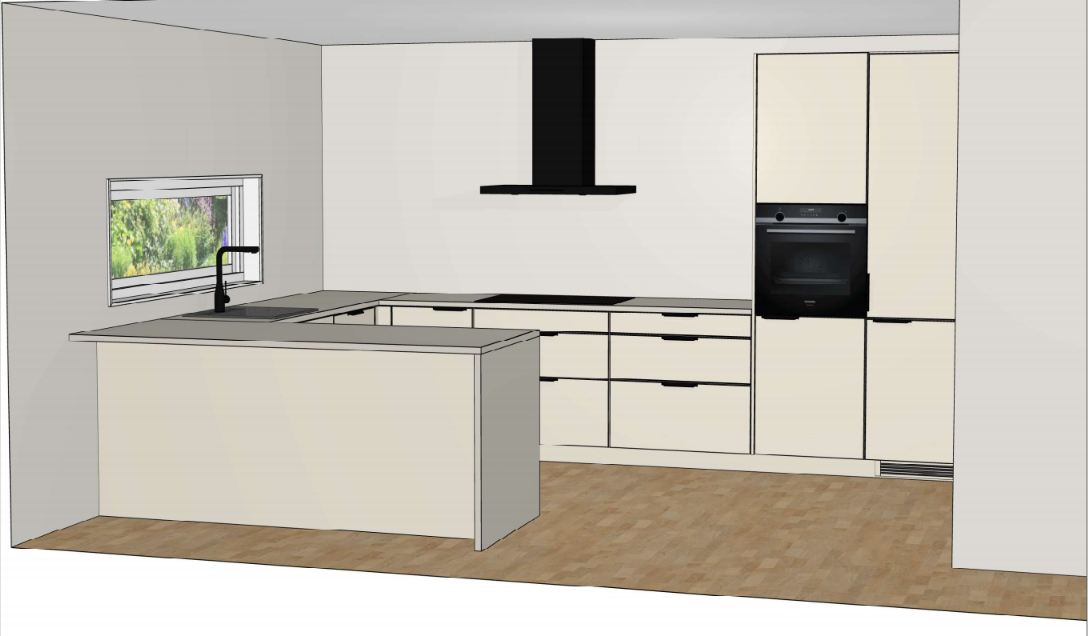 Tilvalgstegninger for kjøkken med oppgradering av kjøkkenøy, integrerte hvitevarer (Siemens og Røroshetta), sorte detaljer, beige farge på fronter og lys grå benkeplate Galleribilde
