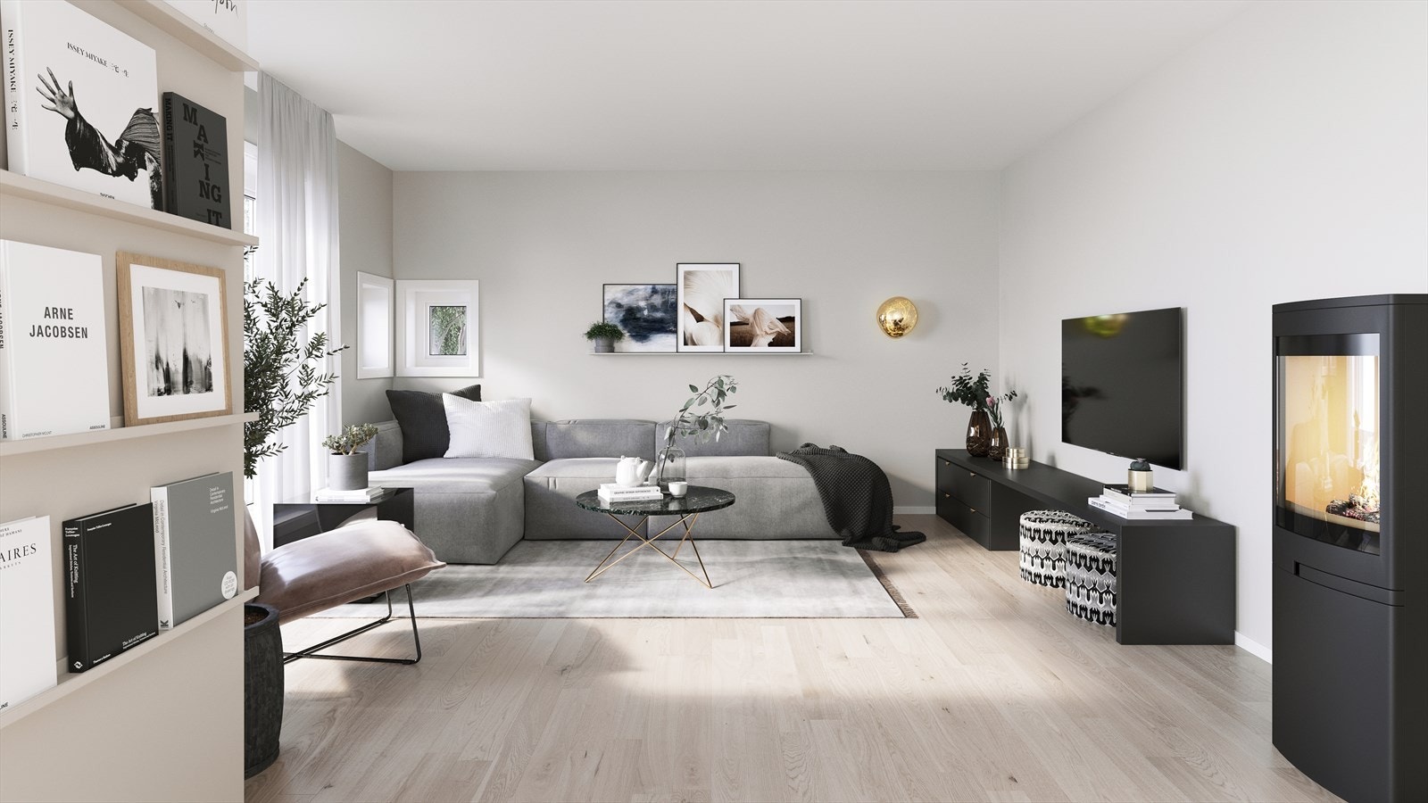 Illustrasjonsbilde stue - boligen leveres med 1-stavs laminatgulv i fargen Skageneik Galleribilde