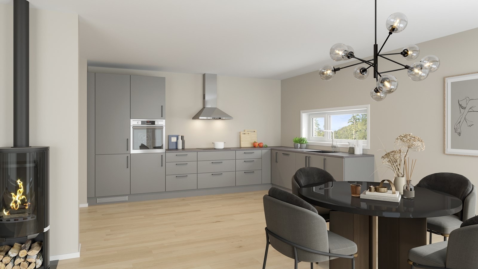 Planløsningen er meget god - med naturlig møbleringssoner for både spisestue og sofa. Hele underetasjen leveres med varme i gulv, samt er det tilvalg på lyspakke med downlights i stue/kjøkken. Galleribilde