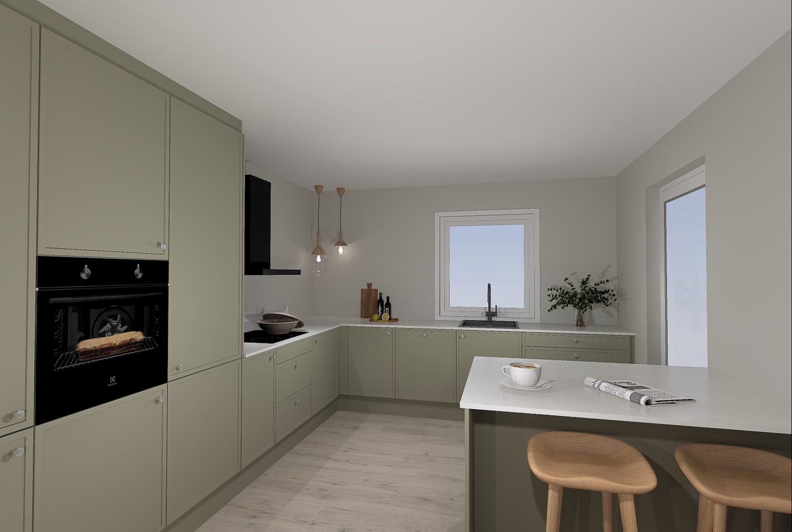 Illustrasjon av kjøkken fra JKE. Illustrasjoner og kan avvike fra tekniske tegninger og byggebeskrivelser. Galleribilde