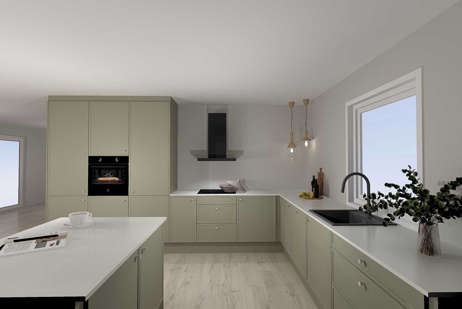 Illustrasjon av kjøkken fra JKE. Illustrasjoner og kan avvike fra tekniske tegninger og byggebeskrivelser. Galleribilde