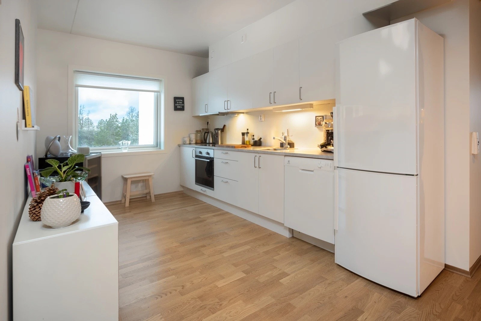 Delikat lyst kjøkken med hvitevarer. Galleribilde