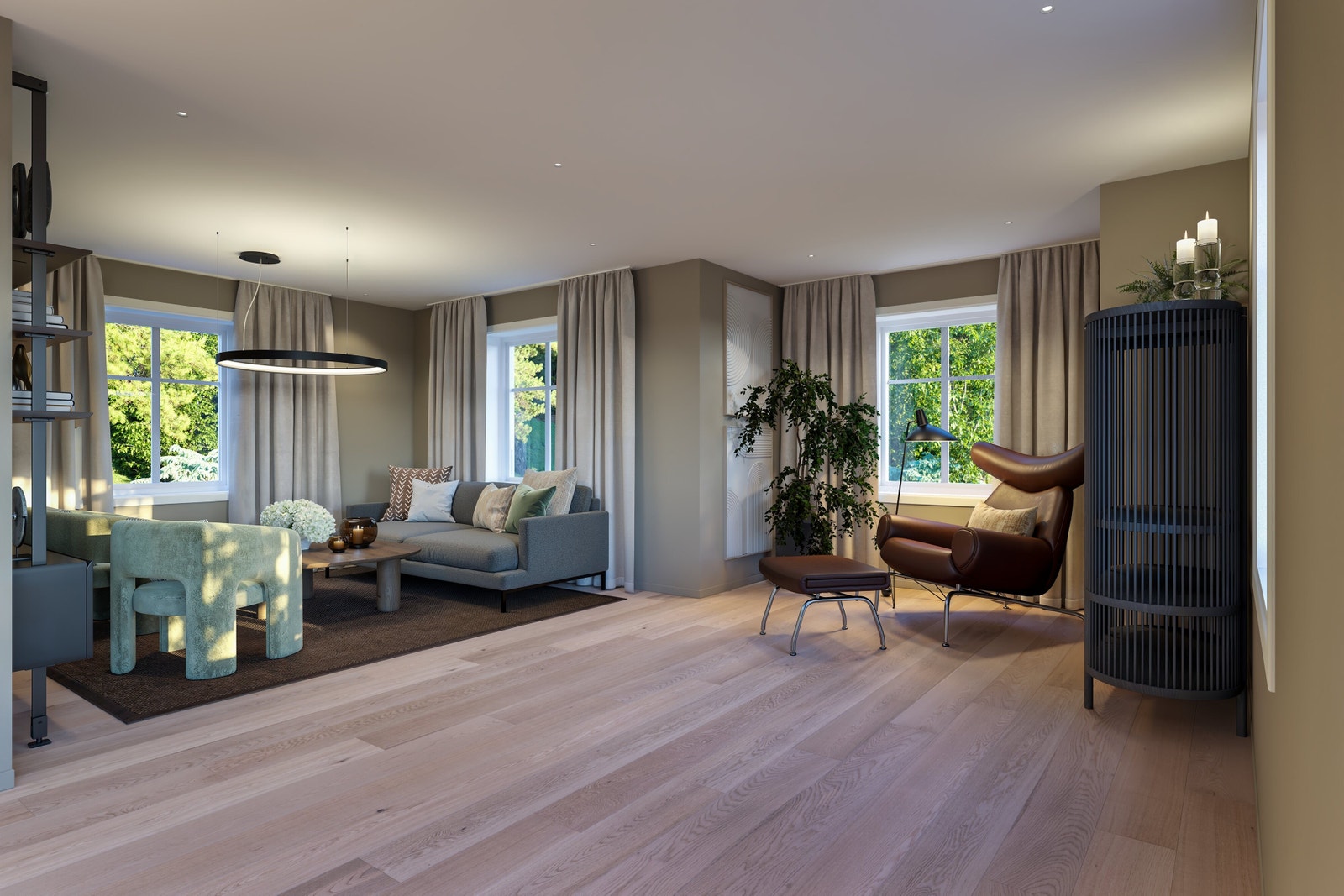 Illustrasjon av stuedel i underetasje. Her får du også muligheter for å gjøre endringer og forme boligene innvendig etter egne ønsker og preferanser. Alle 3D rendere er å anse som illustrasjoner og kan avvike fra tekniske tegninger og byggebeskrivelser. Galleribilde