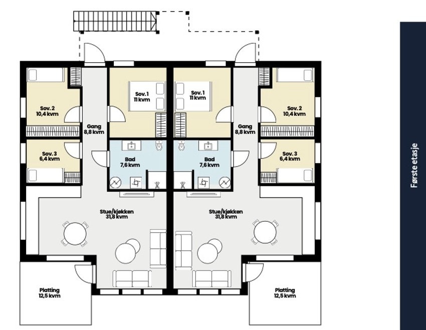 Planløsning for 1 etg. 80kvm med 3 soverom og egen hage med betongplatting Galleribilde
