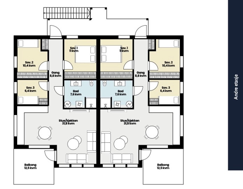 Planløsning for 2.etg, 80 kvm med 3 soverom og terrasse Galleribilde
