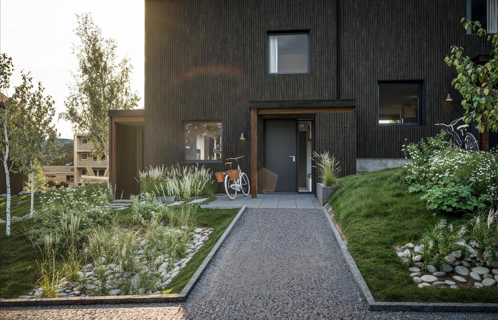 Det trygge og etablerte nabolaget på Ullerntoppen og de bilfrie fellesområdene på tomten legger til rette for gode oppvekstsvilkår. Galleribilde