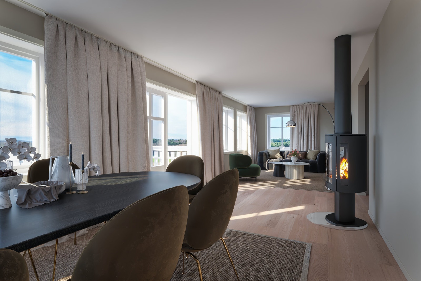 Stuen har godt med plass til både sofaseksjonen og spisebordet ut fra kjøkken i åpen løsning. Alle 3D rendere er å anse som illustrasjoner og kan avvike fra tekniske tegninger og byggebeskrivelser Galleribilde