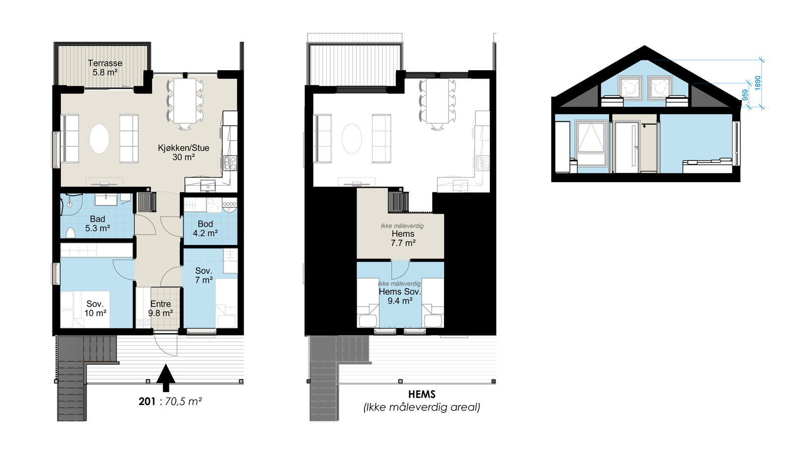 Leilighet 201 70,5 m2 + hems 17,1 m2 Galleribilde