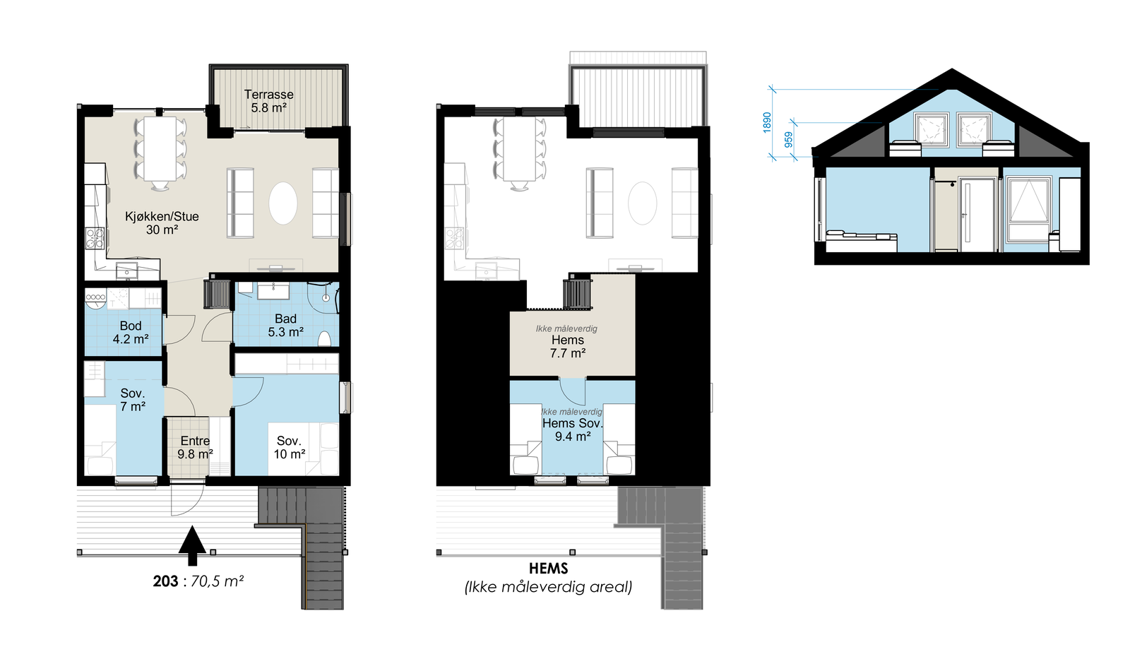 Leilighet 203 70,5 m2 + hems 17,1 m2 Galleribilde