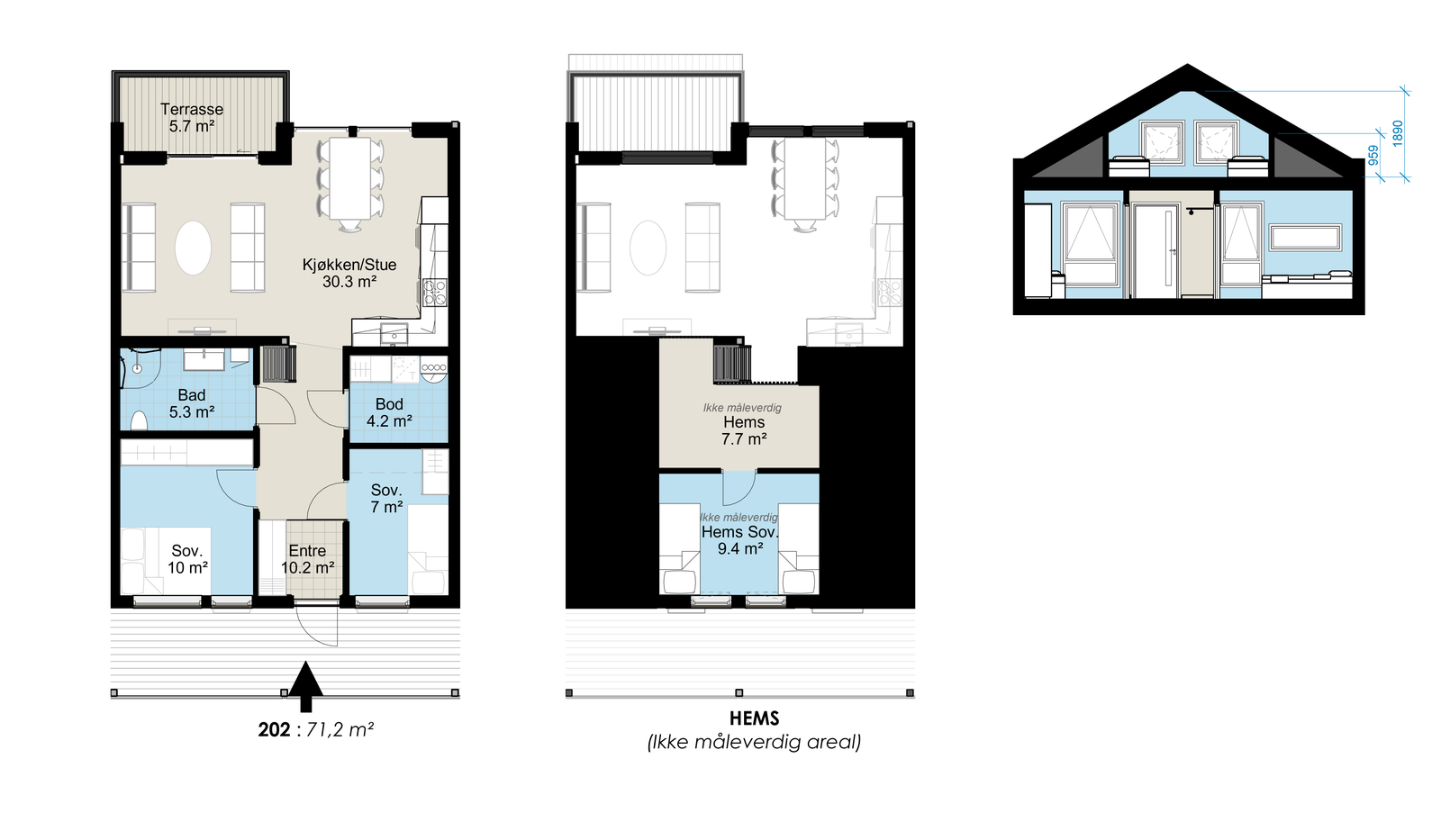 Leilighet 202 71,2 m2 + hems 17,1 m2 Galleribilde