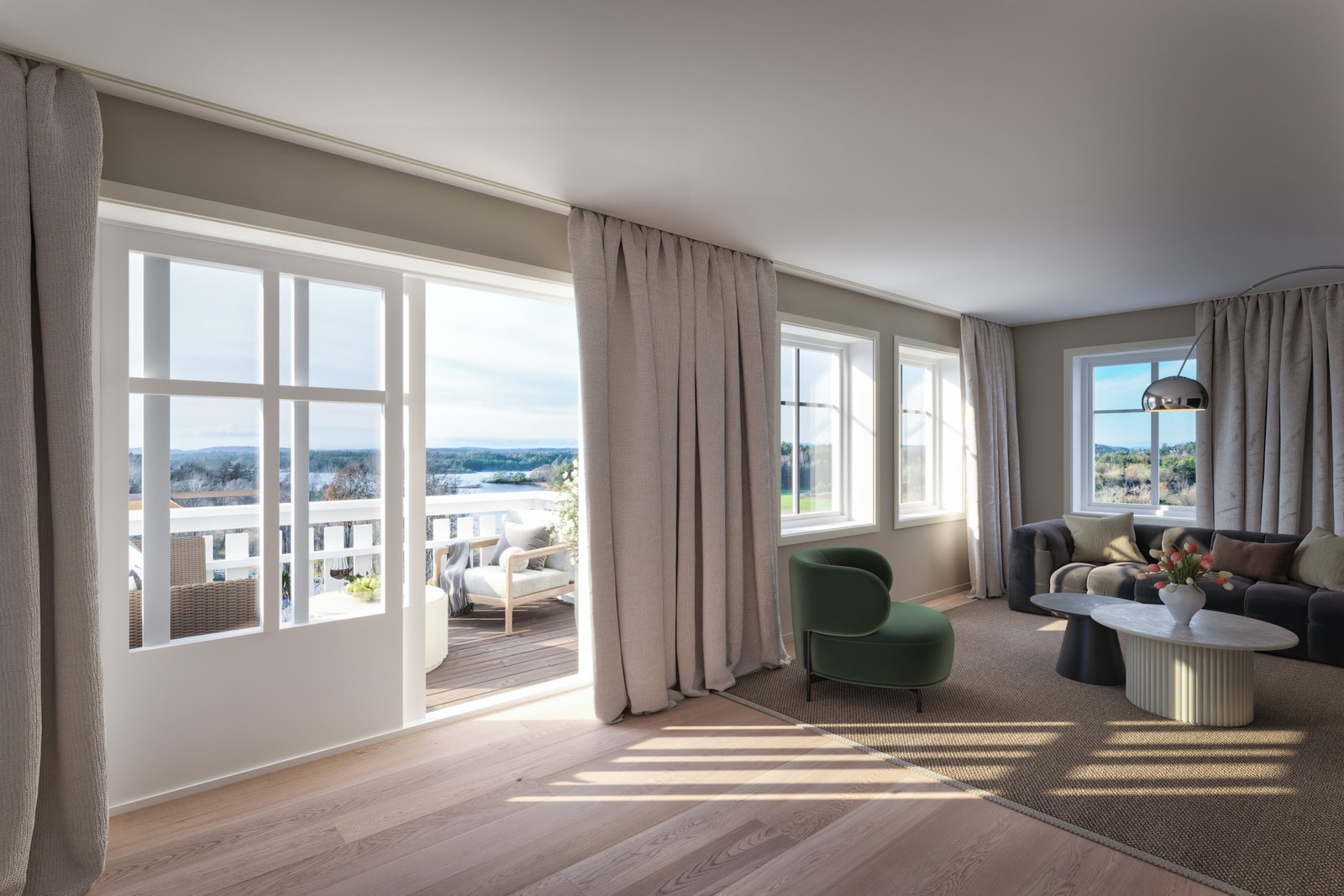 Stuen vil få godt med vindusflater som både slipper inn godt med naturlig lys og er med å fremheve en virkelig flott utsikt. Alle 3D rendere er å anse som illustrasjoner og kan avvike fra tekniske tegninger og byggebeskrivelser. Galleribilde