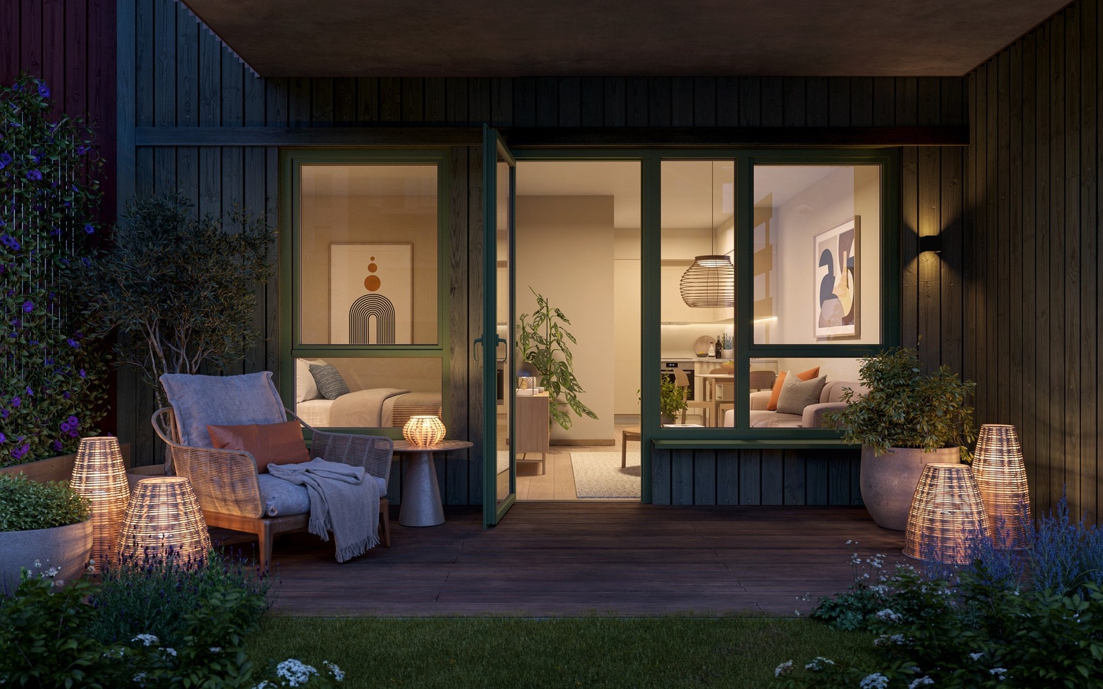 Romslige og gode private uteplasser til leilighetene, i tillegg til trivelige fellesarealer. Illustrasjonsbilde hvor endringer kan forekomme. Galleribilde