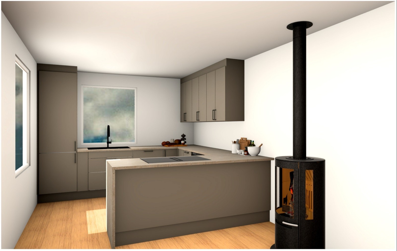 Illustrasjon av kjøkken fra HTH. Illustrasjoner og kan avvike fra tekniske tegninger og byggebeskrivelser. Galleribilde