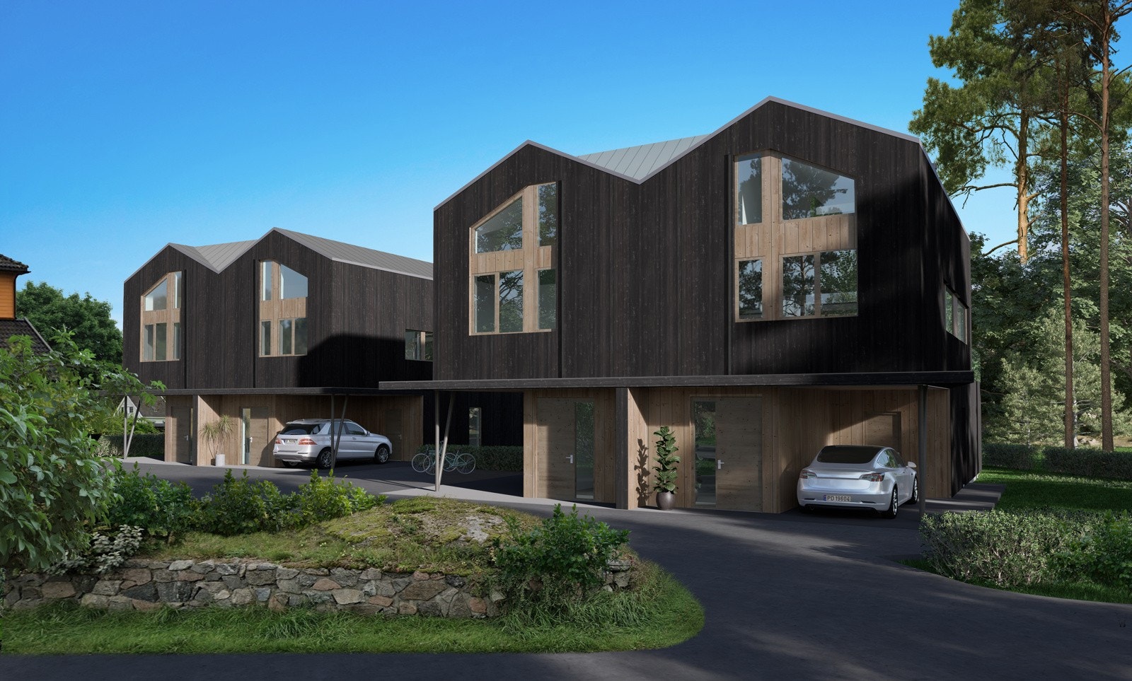 Med moderne arkitektur, vedlikeholdsvennlige materialer, solcellepanel på tak og klargjort for el-bil lader, er dette fremtidsrettede boliger som vil passe for eieren i mange år fremover. Galleribilde