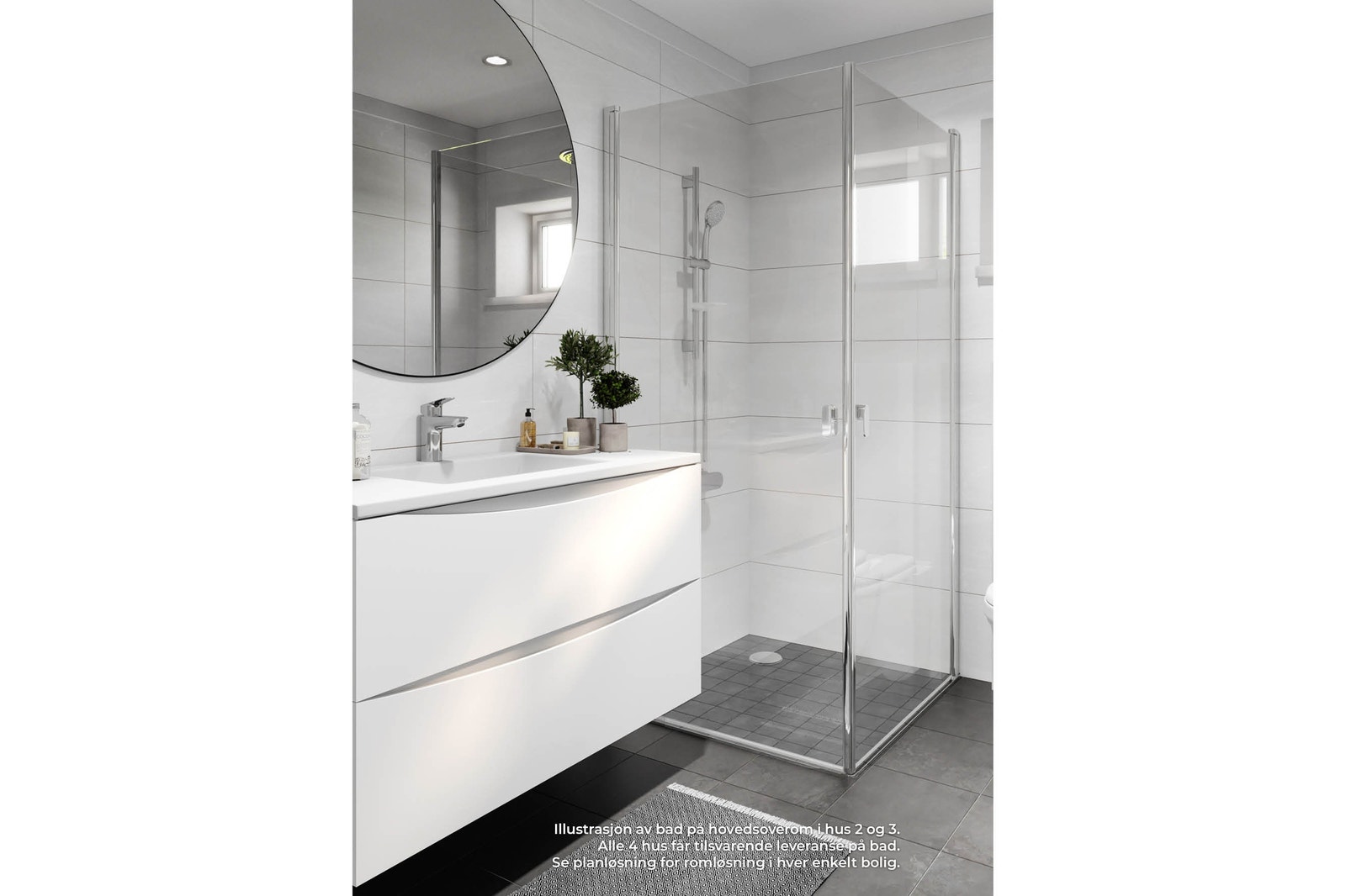 Illustrasjon av bad i 2. etasje i hus 2 og 3. Alle boligene får praktisk løsning med tilgang til bad fra hovedsoverom. Flislagt bad med moderne innredninger og downlights i himling. Galleribilde