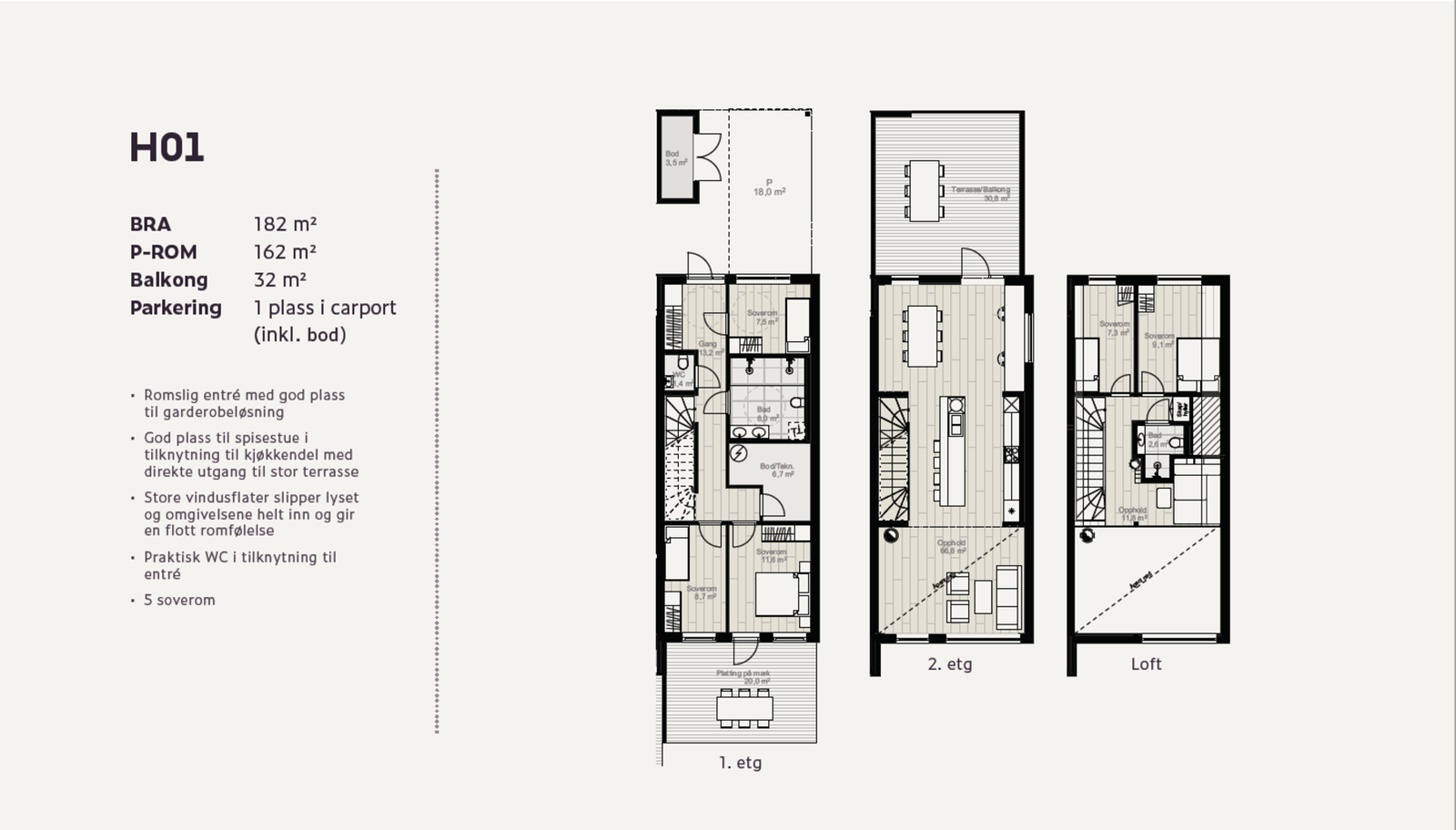 Boligene har tilsvarende planløsning, men endene har et ekstra vindu. God løsning med to stuer, fem soverom, to bad pluss gjestetoalett. Galleribilde