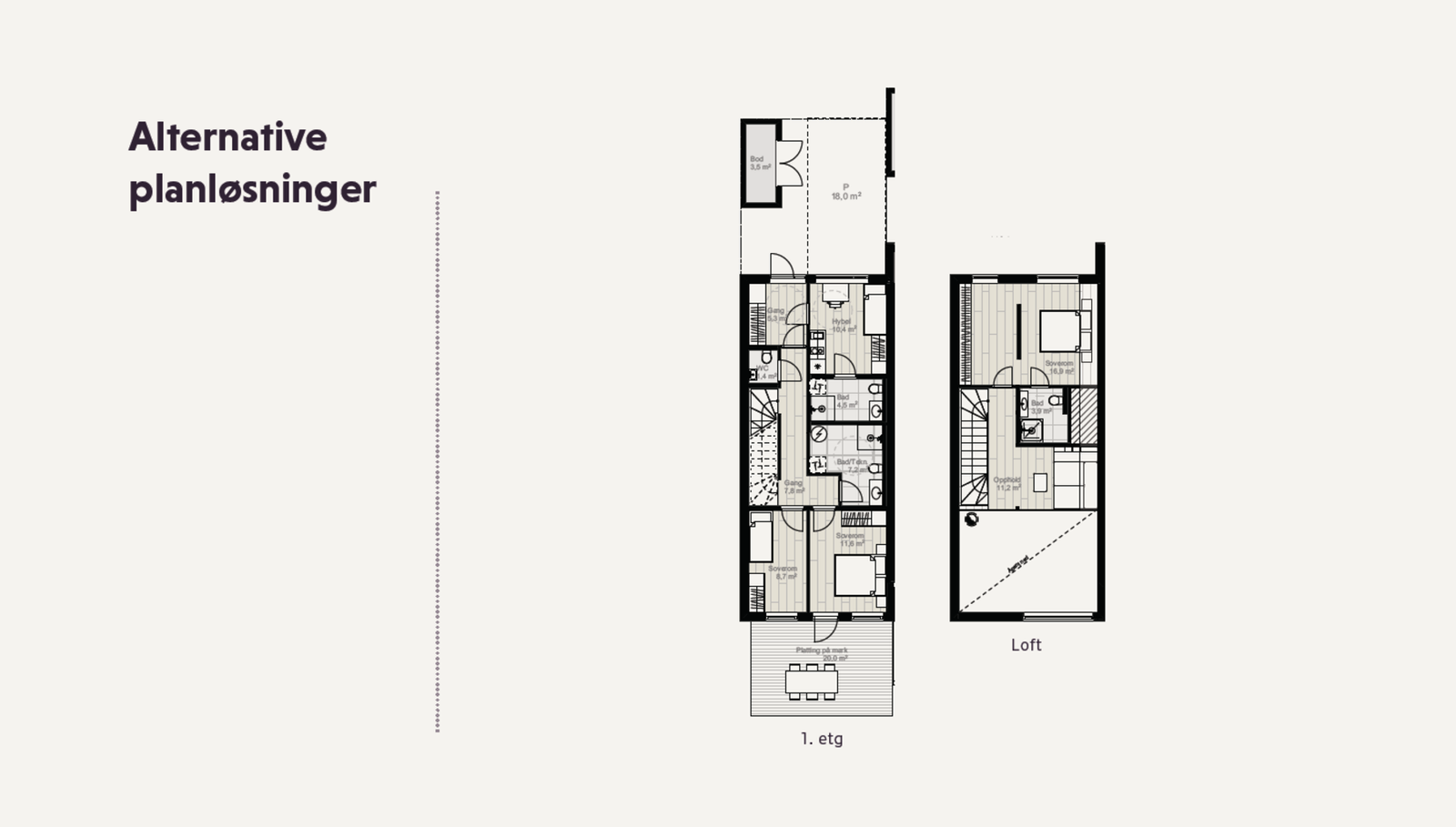 Utbygger har utformet alternative planløsninger for 1.- og 3. etasje hvor man har åpnet for en utleiedel i 1. etasje. I tillegg får man et hovedsoverom med walk-in-closet og privat bad i 3. etasje. Galleribilde
