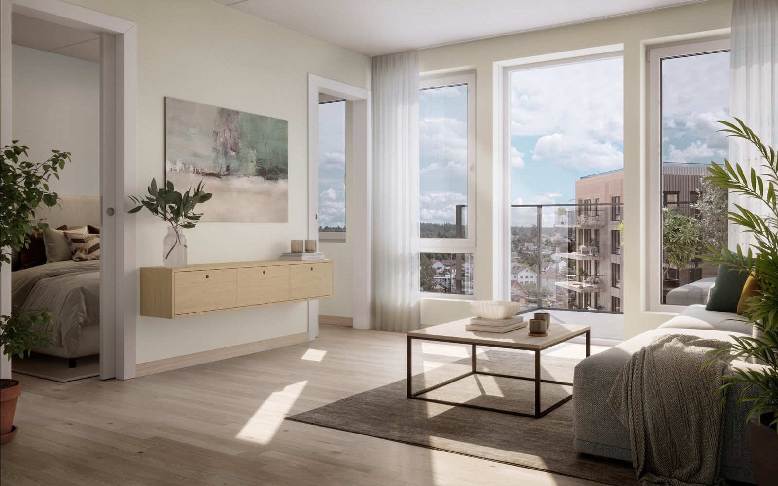 Store vinduer som slipper rikelig med lys inn. Illustrasjonen er av leilighet F04-7. Kun illustrasjon. Avvik vil forekomme. Galleribilde