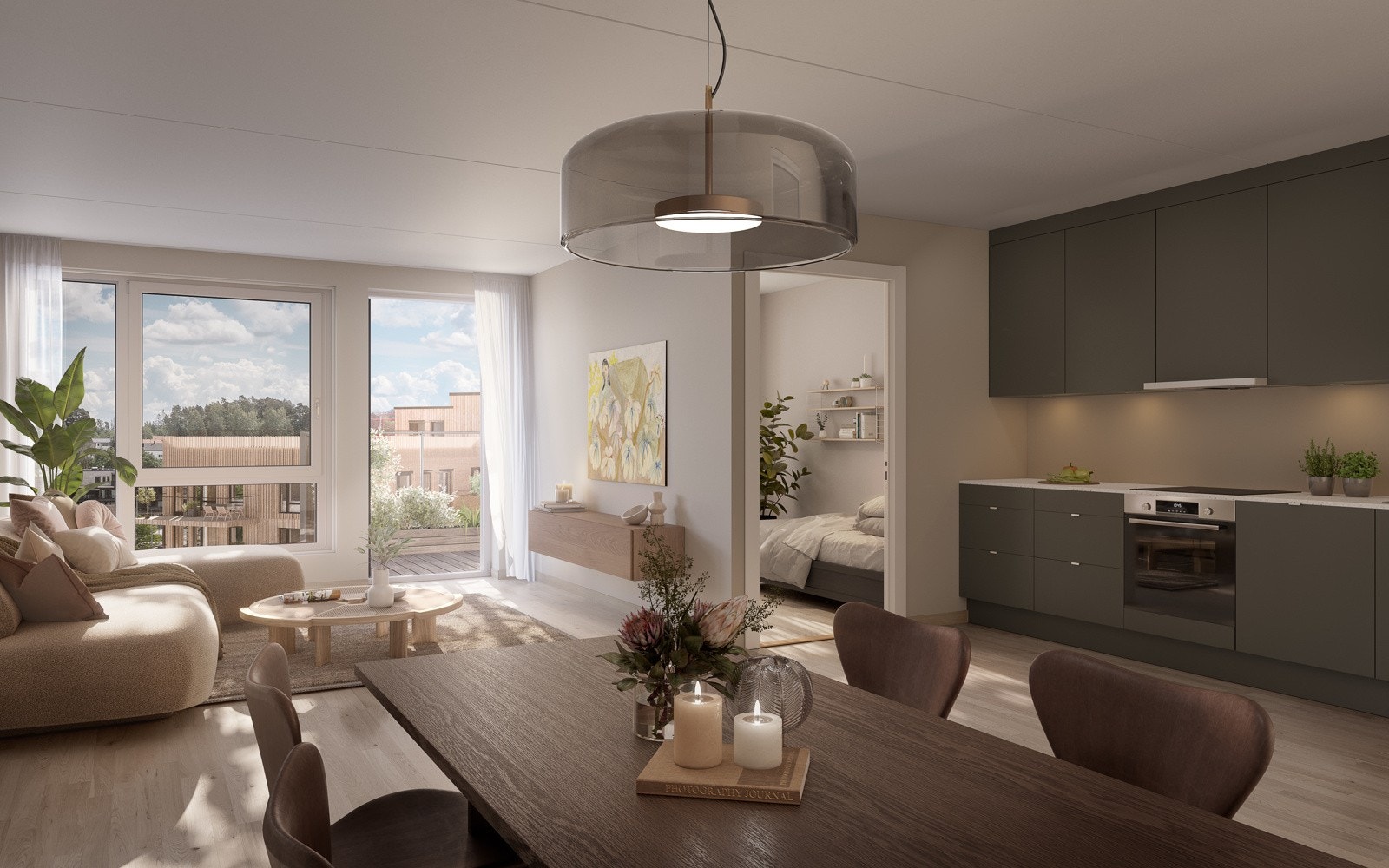 Romslig stue- og kjøkkenløsning. Illustrasjonen er av leilighet G04-1. Kun illustrasjon. Avvik vil forekomme. Galleribilde