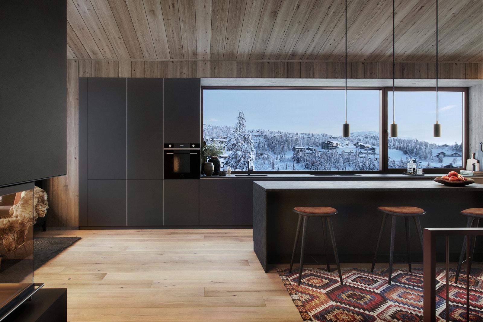 Kjøkken i åpen løsning med skreddersydd innredning, integrerte hvitevarer fra Miele og et generøst kjøkkenvindu i langfasaden. (Illustrasjon av hyttetype 141 m2.) Galleribilde