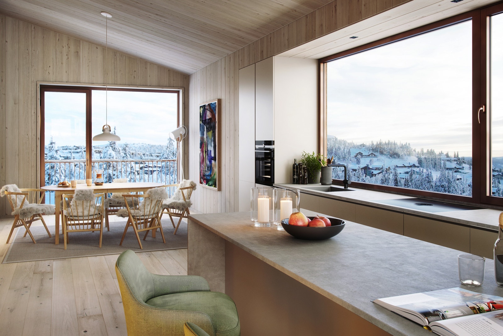 Kjøkken i åpen løsning med skreddersydd innredning, integrerte hvitevarer og et generøst kjøkkenvindu i langfasaden. (Hyttetype 110 m2) Galleribilde