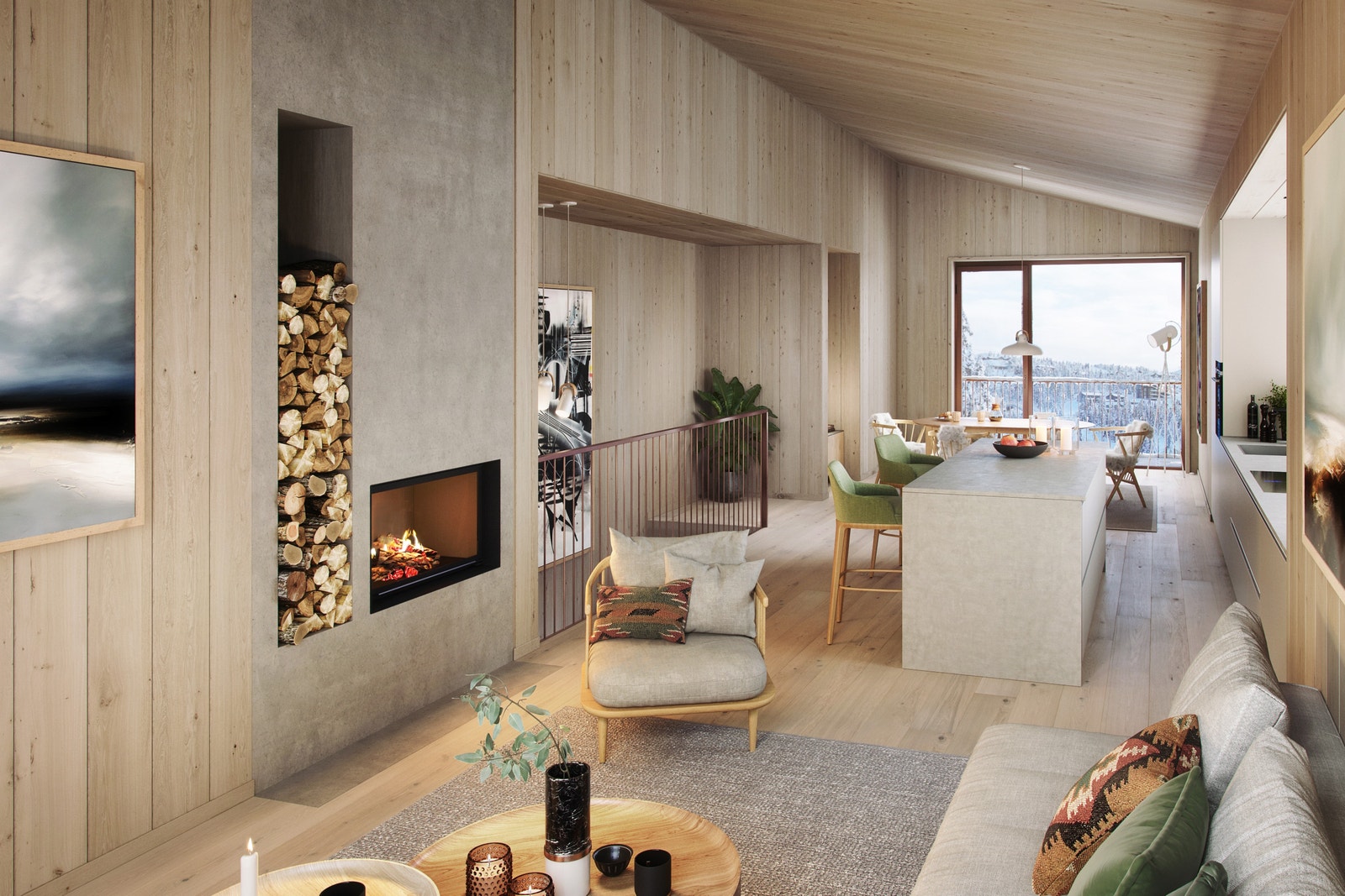 De store vindusarealene vil sammen med den rause takhøyden medføre at lyset i oppholdssonen skaper ulike atmosfærer døgnet gjennom. Galleribilde