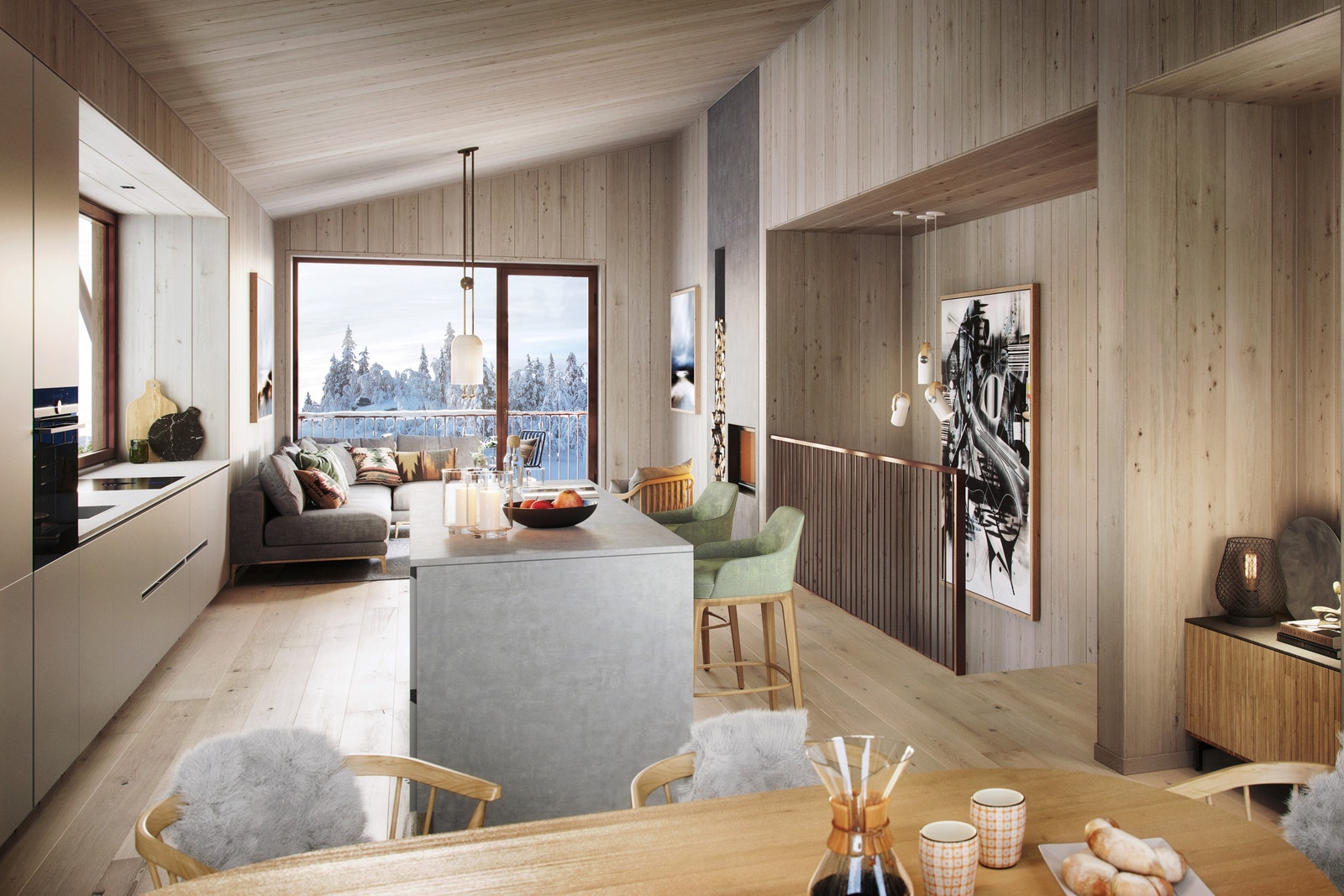 Illustrasjon av hyttetype 110 m2. Herlig atmosfære med takhøyde fra ca. 2,7 til 3,8 meter. Galleribilde