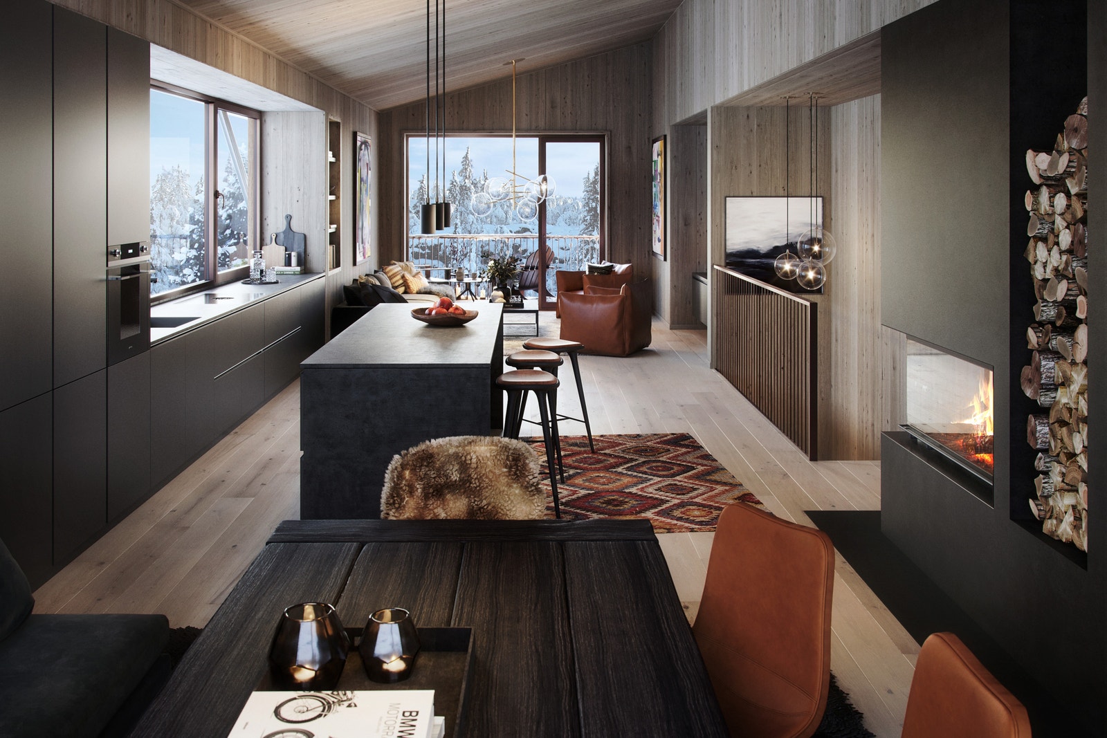 Kjøkken og stue er lagt til 2. etasje for å gi en lys og luftig atmosfære. En gjennomgående oppholdssone med imponerende takhøyde, store vindusflater og balkong i hver ende. (Illustrasjon av hyttetype 141 m2.) Galleribilde