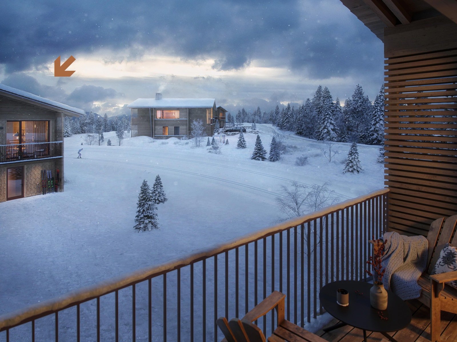 Vinterro er stedet for ro og rekreasjon. De 26 hyttene danner et tun; usjenert beliggende, uten gjennomgangstrafikk. Pilen viser Chalet 6a markert. Galleribilde