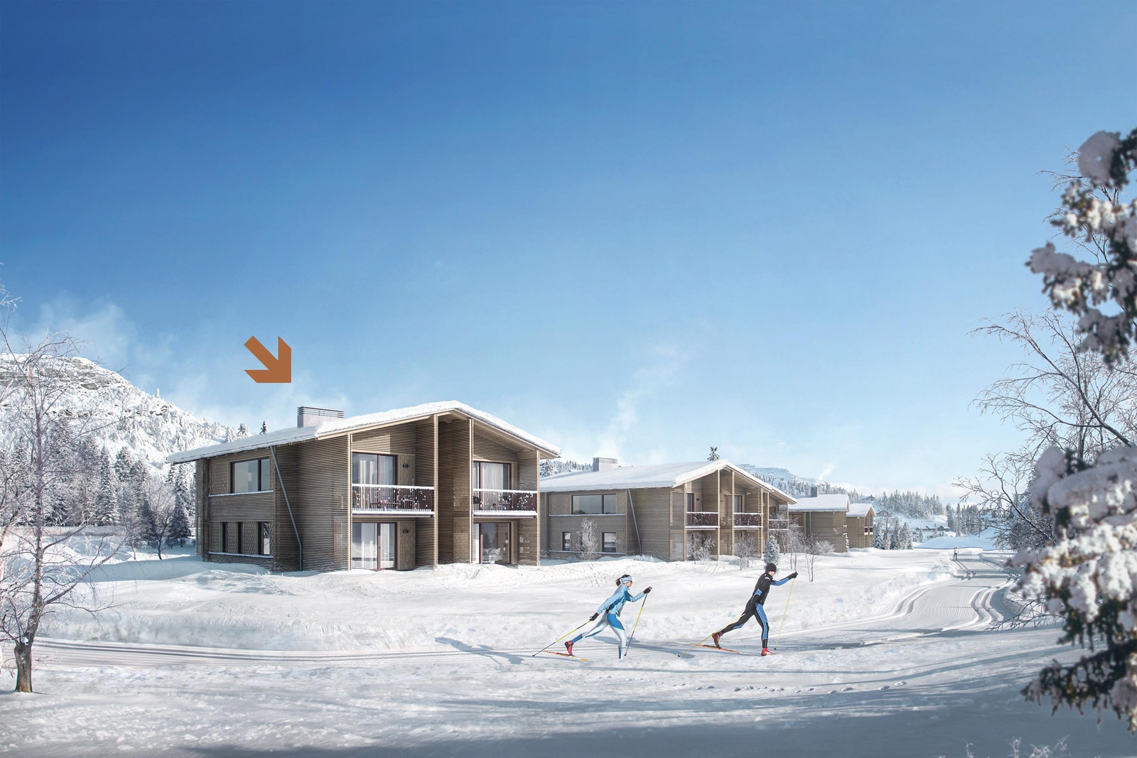 Vinterro - et særegent og eksklusivt fritidskonsept med fjellhytter av høy kvalitet! Pilen viser Chalet 6a markert. Galleribilde