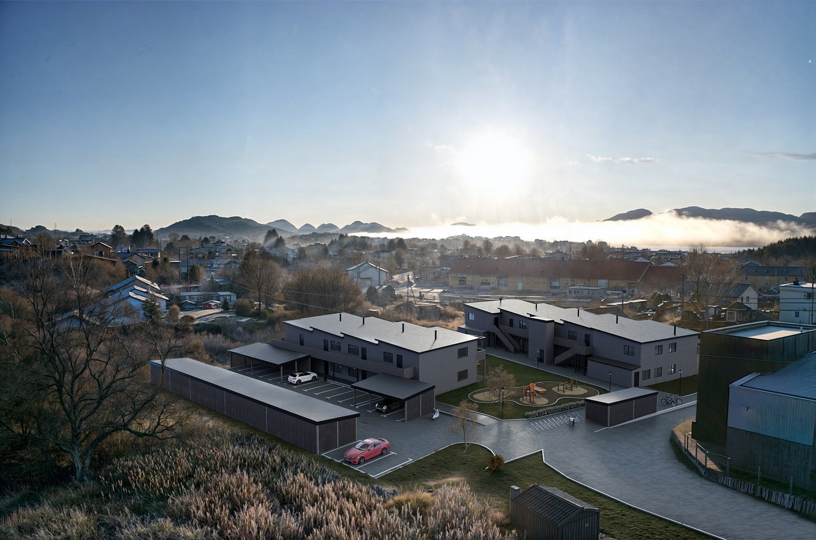 Det vil medfølge en carport til hver leilighet. Galleribilde