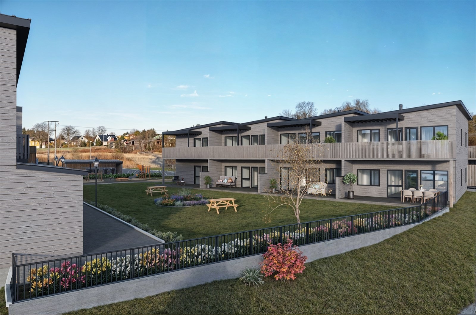 Prosjektet består av to separate bygg. I bildet ser man bygg 1, som inneholder 8 leiligheter. Galleribilde