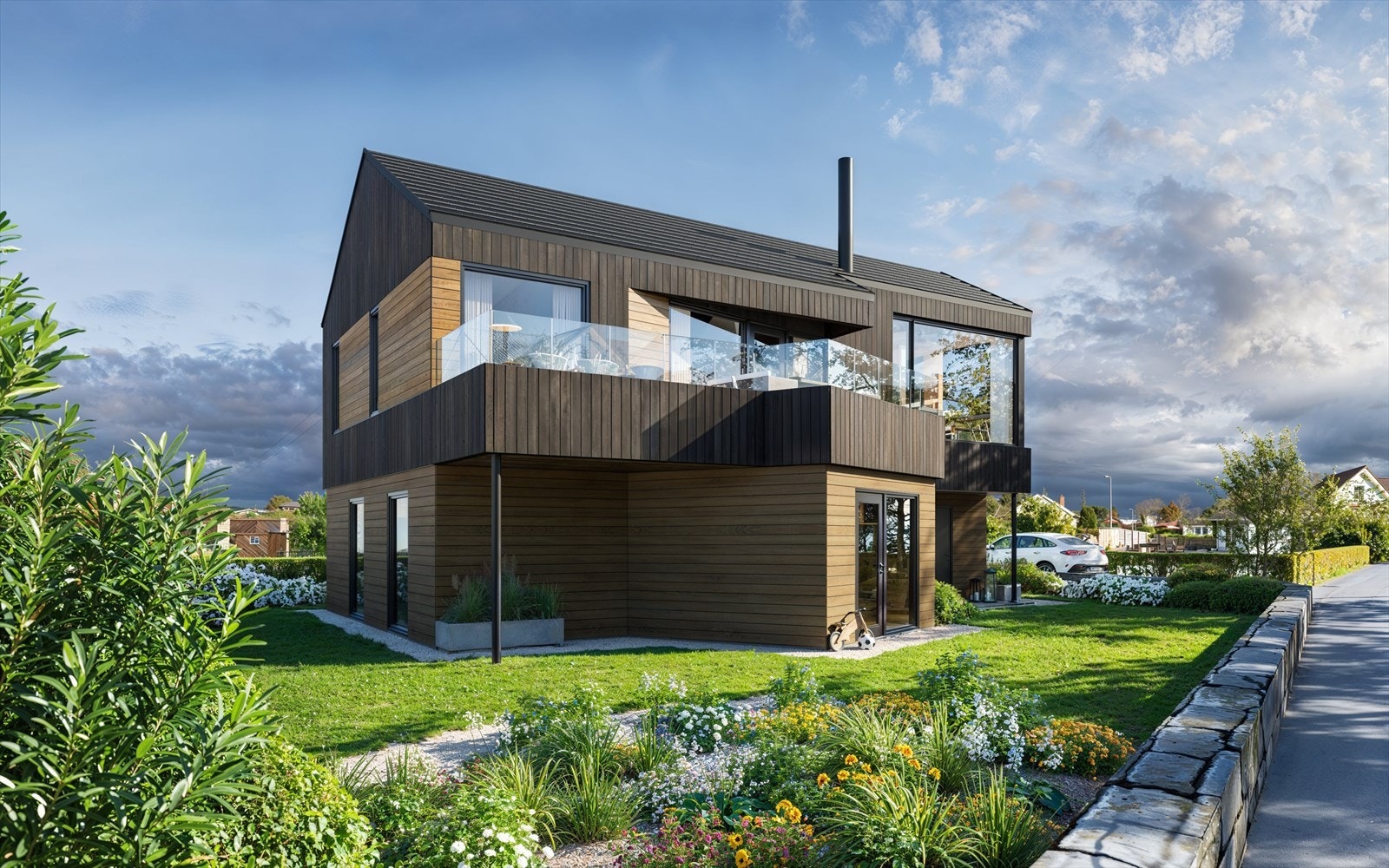 Enebolig i pen arkitektur/ Garasje/ 2 stuer/ 4 soverom/ Etablert område. Mur mot vei er inkludert i leveransen Galleribilde