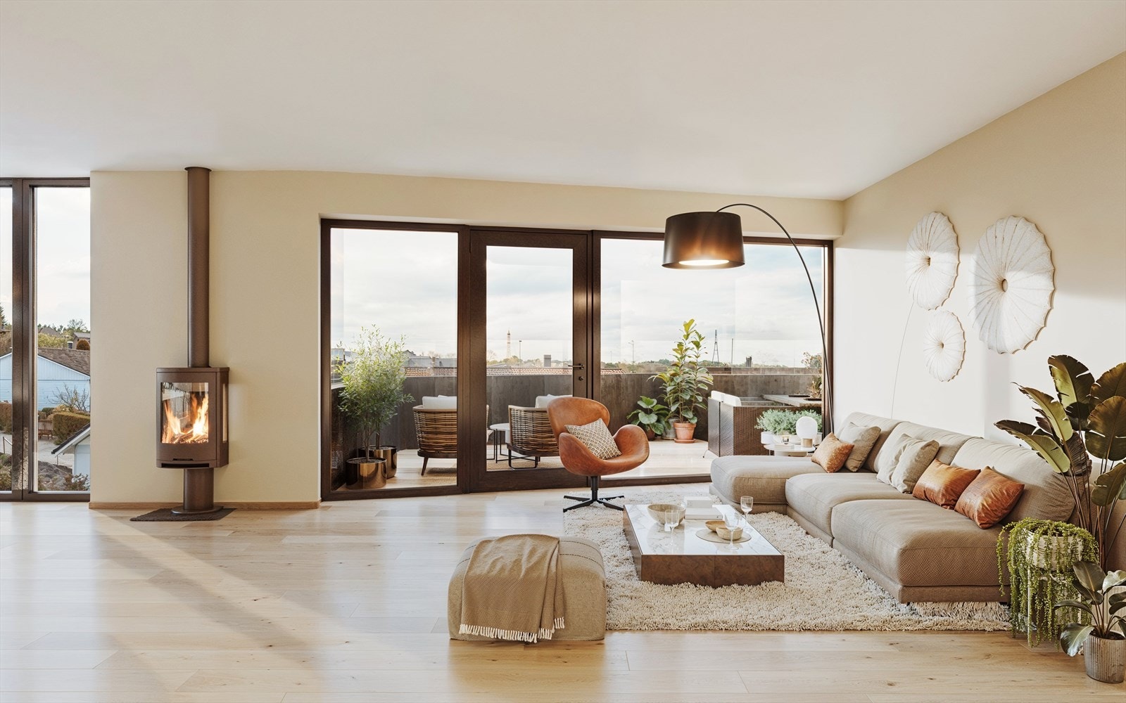 Stue med utgang til takterrasse. Vedovn Ild 9 leveres i boliger. I tillegg er det klargjort for varmepumpe som kan installeres i boligen ved ønske. Galleribilde