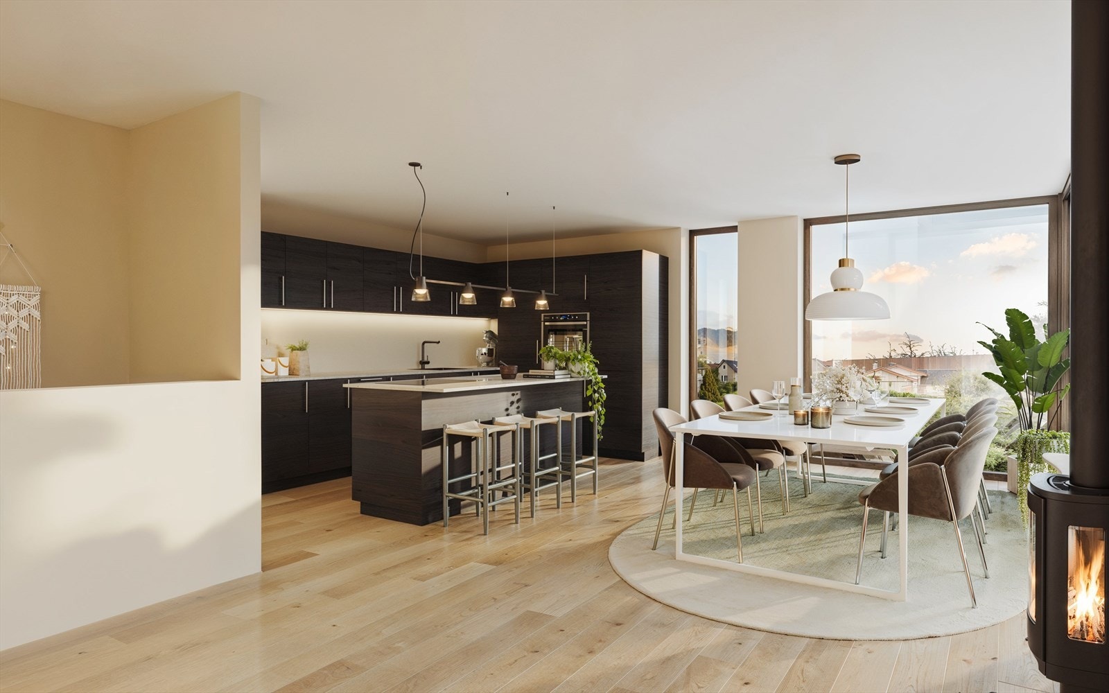 Kjøkken leveres i varm grå (oppgradert leveranse m/ hvitevarer). Her er det åpen takhøyde som må oppleves på visning i boligen! Matbod ved kjøkken. Galleribilde